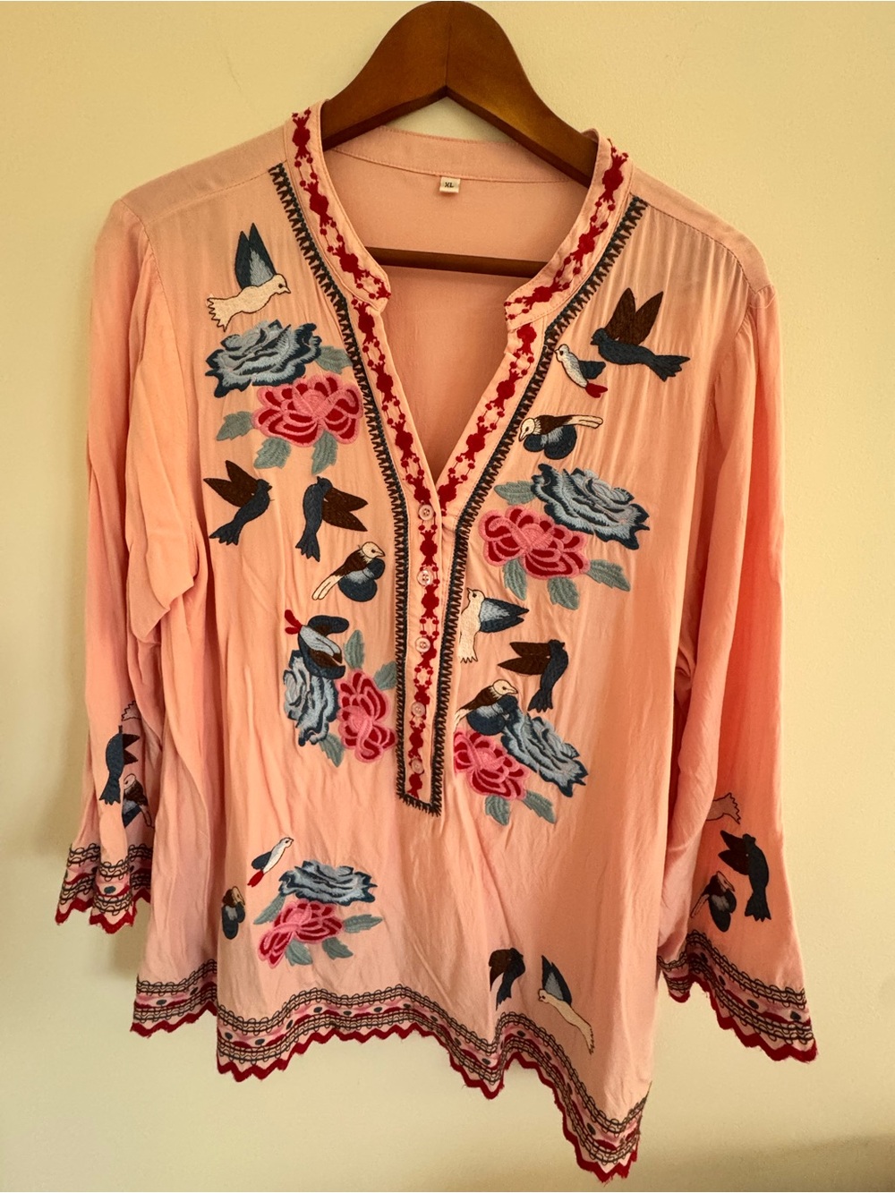 Embroidered Pinky Peach Colored V-Neck Women's Tunic Top